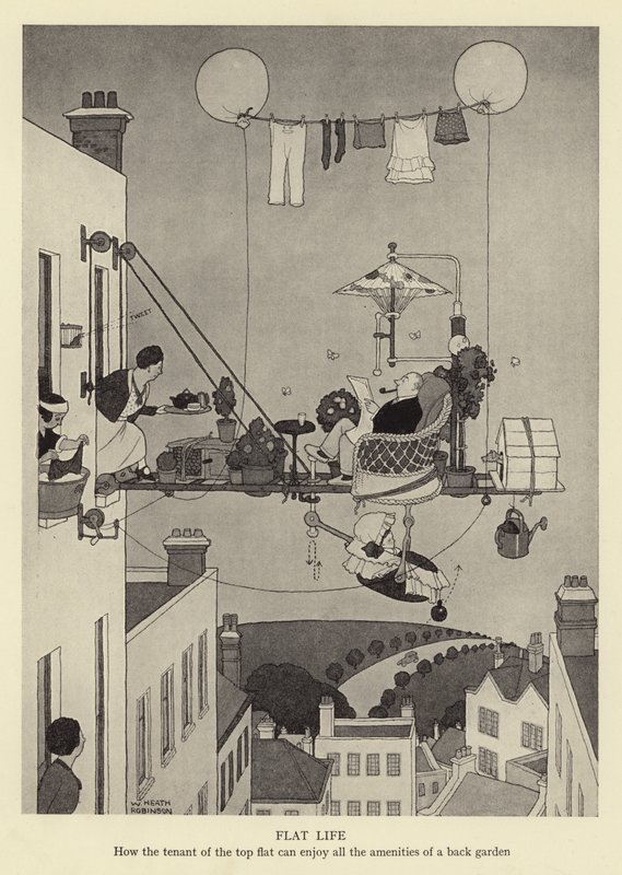Vida plana, como o inquilino do apartamento superior pode desfrutar de todas as comodidades de um jardim das traseiras de William Heath Robinson