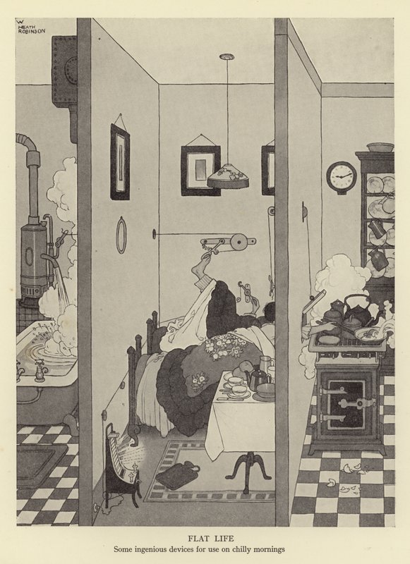 Vida plana, alguns engenhosos dispositivos para uso em manhãs frias de William Heath Robinson