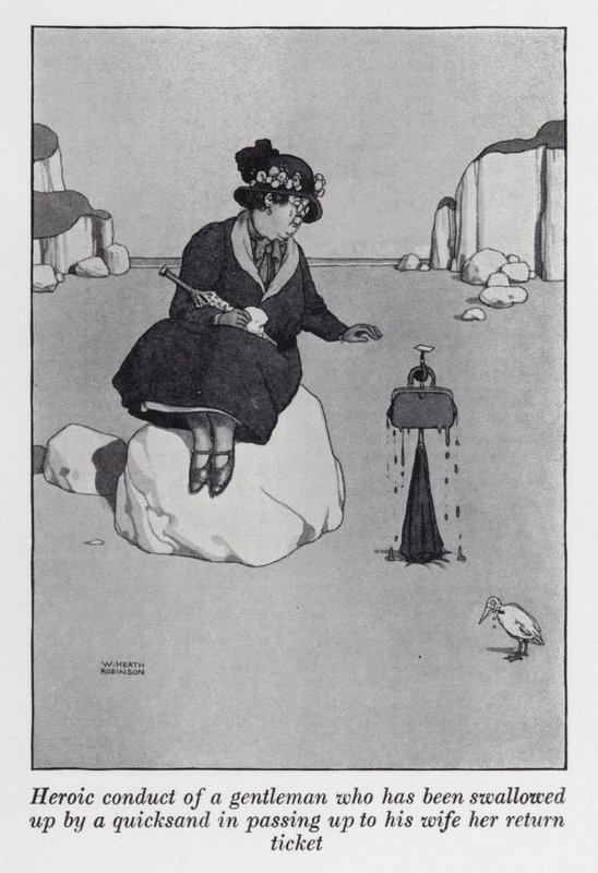 Conduta heróica de um cavalheiro que foi engolido por uma areia movediça ao passar para a sua esposa o seu bilhete de regresso (litho) de William Heath Robinson