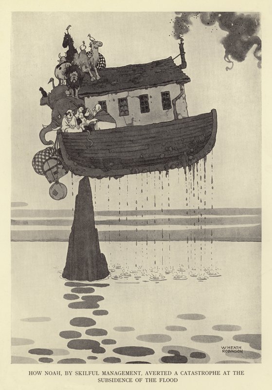 Como Noé, por hábil administração, evitou uma catástrofe no afundamento do dilúvio de William Heath Robinson