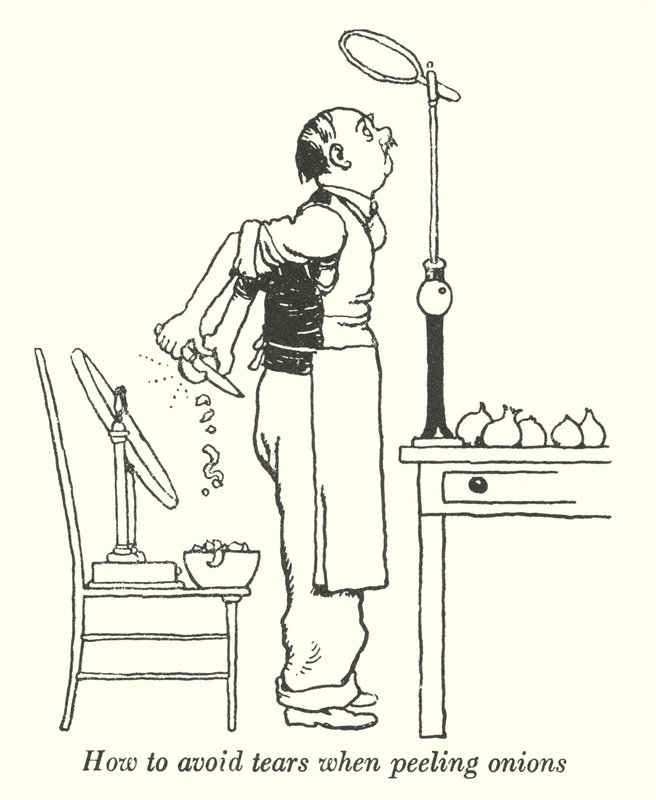 Como evitar as lágrimas ao descascar cebolas (litho) de William Heath Robinson