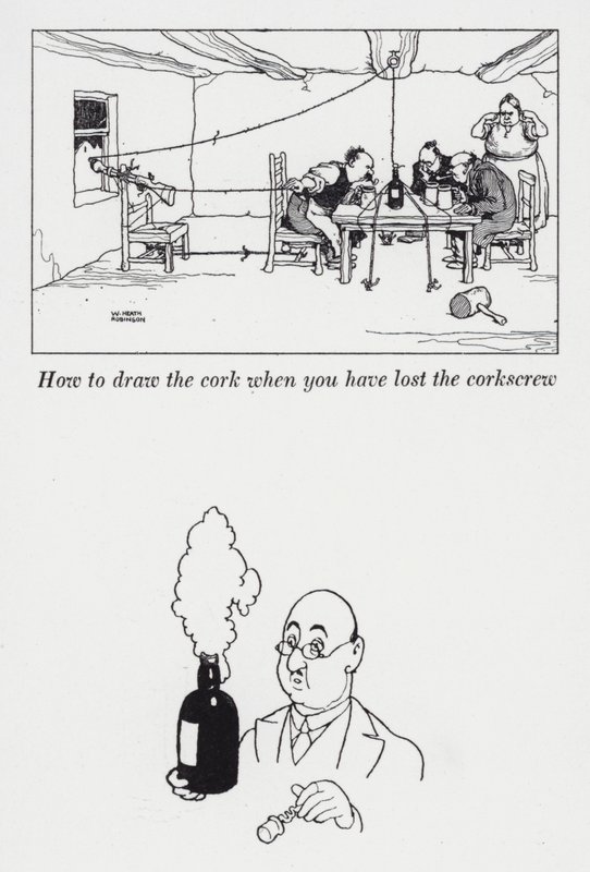 Como tirar a rolha quando se perdeu o saca-rolhas (litho) de William Heath Robinson