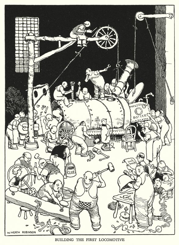 Ilustração para a Ribaldry Ferroviária de W Heath Robinson (litho) de William Heath Robinson