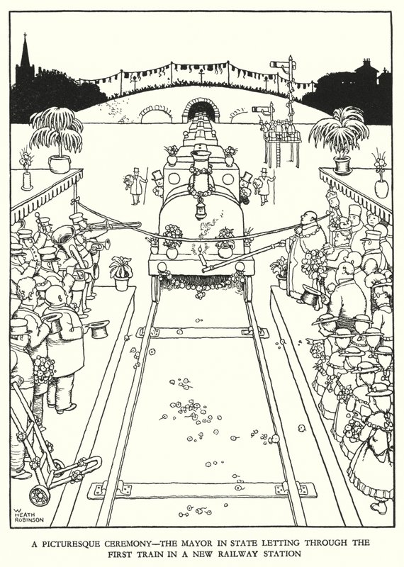Ilustração para a Ribaldry Ferroviária de W Heath Robinson (litho) de William Heath Robinson