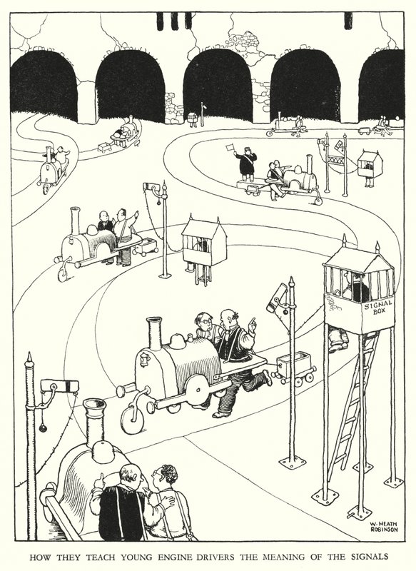 Ilustração para a Ribaldry Ferroviária de W Heath Robinson (litho) de William Heath Robinson
