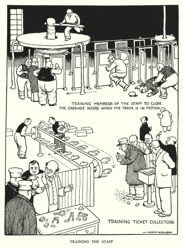 Ilustração para a Ribaldry Ferroviária de W Heath Robinson (litho) de William Heath Robinson