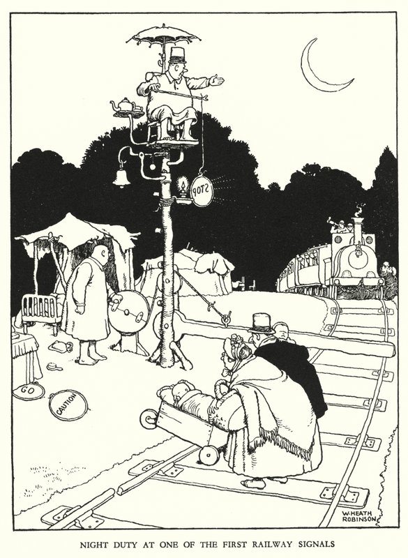 Ilustração para a Ribaldry Ferroviária de W Heath Robinson (litho) de William Heath Robinson