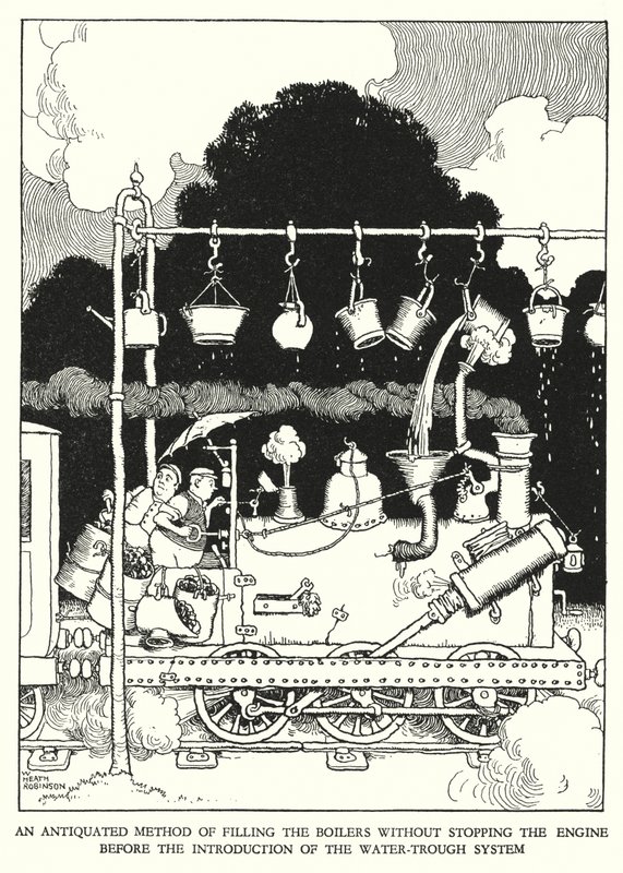 Ilustração para a Ribaldry Ferroviária de W Heath Robinson (litho) de William Heath Robinson