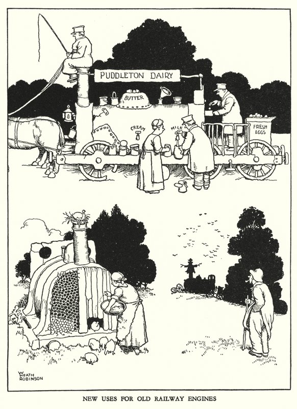 Ilustração para a Ribaldry Ferroviária de W Heath Robinson (litho) de William Heath Robinson