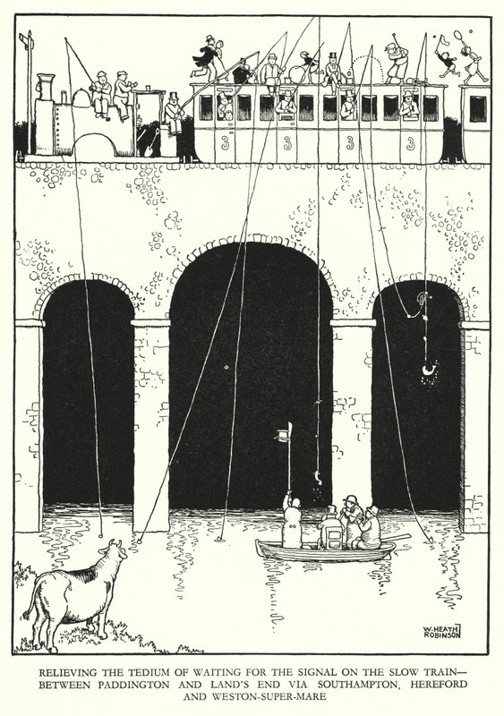 Ilustração para a Ribaldry Ferroviária de W Heath Robinson (litho) de William Heath Robinson