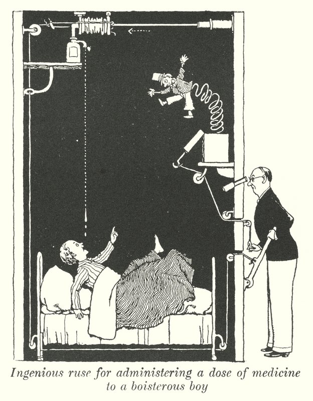 Engenhoso estratagema para administrar uma dose de medicamento a um rapaz turbulento (litho) de William Heath Robinson