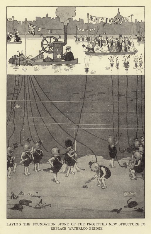 Colocando a pedra fundamental da nova estrutura projetada para substituir a ponte de Waterloo de William Heath Robinson