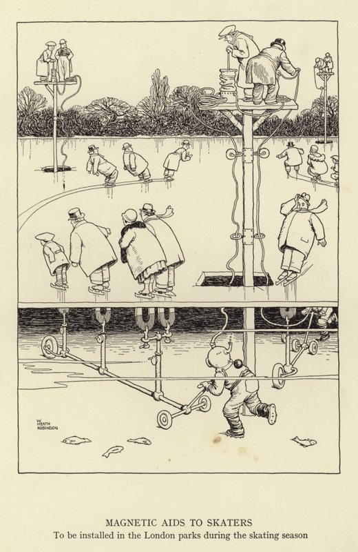 Auxílios magnéticos para patinadores, a serem instalados nos parques de Londres durante a temporada de patinação de William Heath Robinson