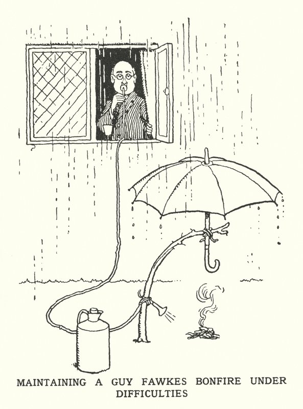 Mantendo um Guy Fawkes Bonfire Sob Dificuldades (litho) de William Heath Robinson