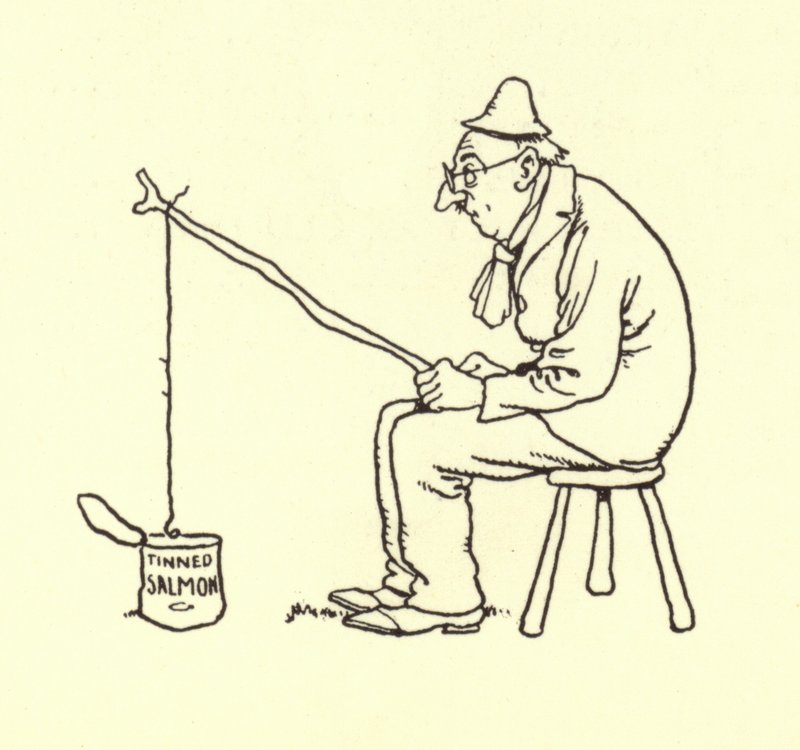 Homem, pesca, estanhado, salmão de William Heath Robinson