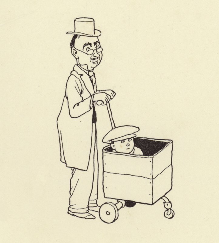 Homem, empurrar, menino, em, um, caixa de William Heath Robinson