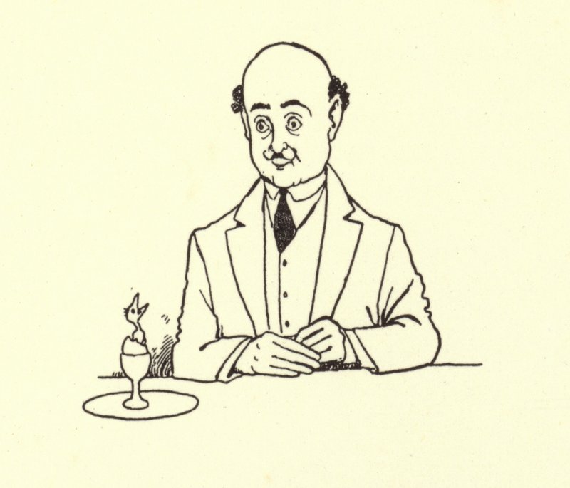 Homem, surpreendido, por, pássaro, em, seu, manhã, ovo de William Heath Robinson