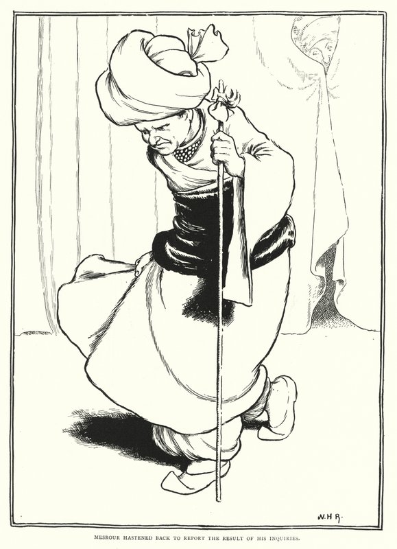 Mesrour apressou-se a reportar o resultado das suas investigações (gravura) de William Heath Robinson