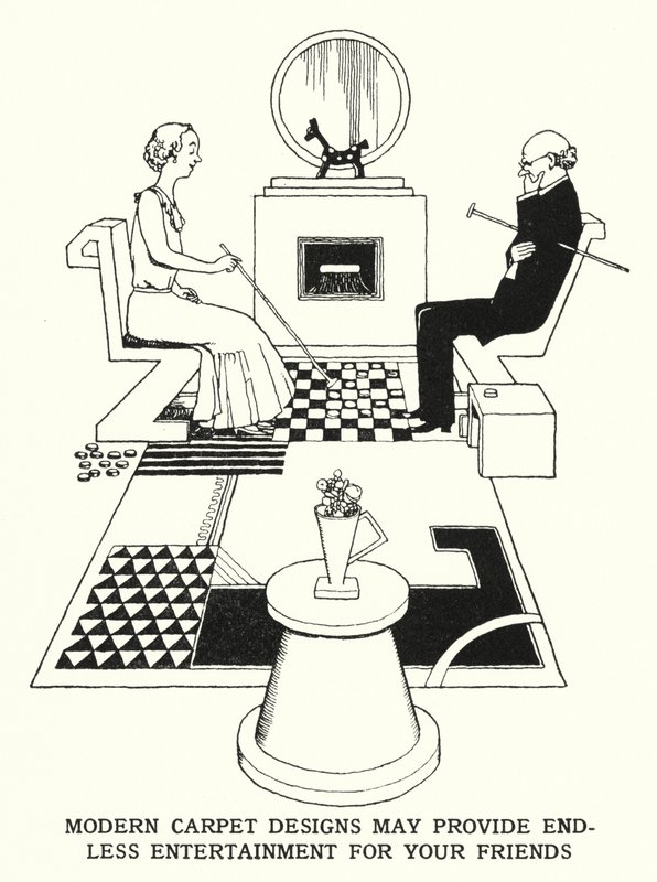 Os modernos desenhos de tapetes podem proporcionar entretenimento sem fim para os seus amigos (litho) de William Heath Robinson