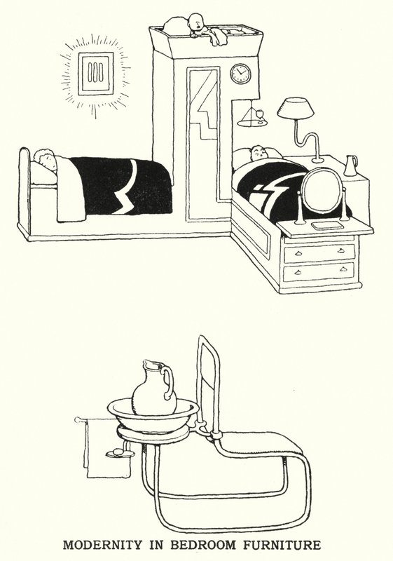 Modernidade em Mobiliário de Quarto (litho) de William Heath Robinson