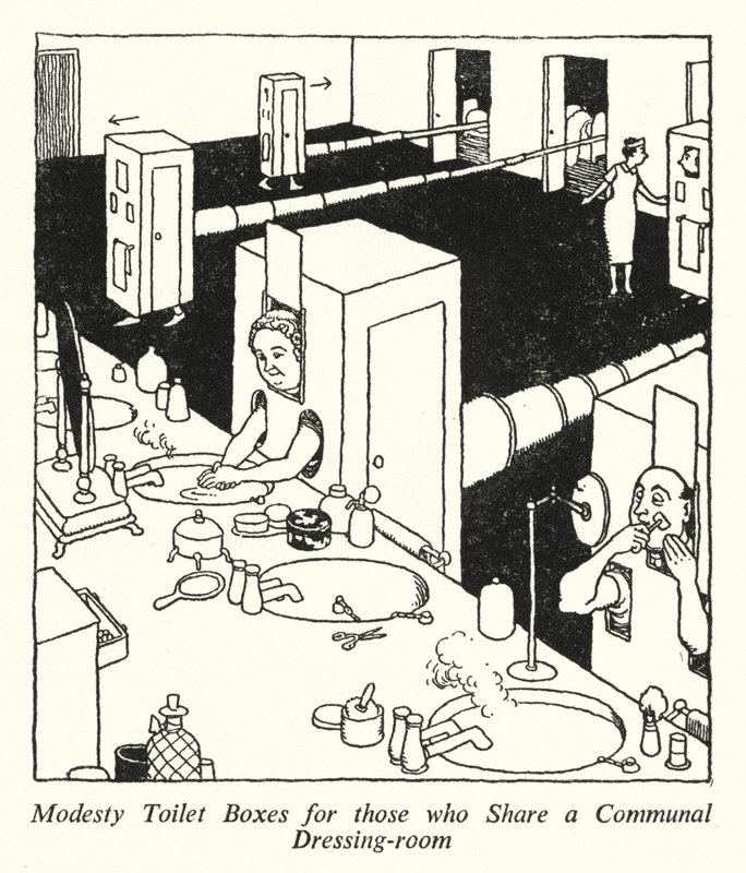 Caixas Sanitárias Modestas para aqueles que partilham um Vestiário Comunitário (litho) de William Heath Robinson