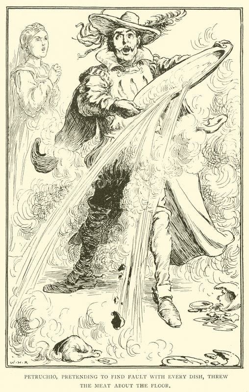 Petruchio, fingindo criticar todos os pratos, jogou a carne no chão. de William Heath Robinson