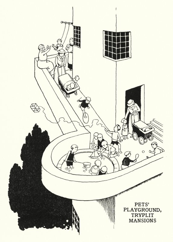 Parque infantil para animais de estimação, Mansões Tryplit (litho) de William Heath Robinson