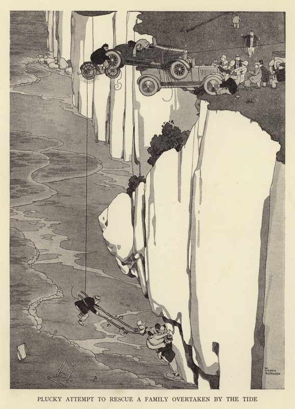 Tentativa Plucky de resgatar uma família ultrapassada pela maré de William Heath Robinson