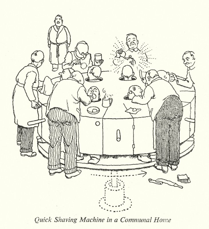 Máquina de barbear rápida em uma casa comunitária (litho) de William Heath Robinson