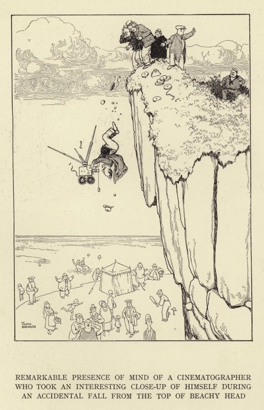 Impressionante presença de espírito de um diretor de fotografia que tirou um interessante close-up de si mesmo durante uma queda acidental do topo de Beachy Head de William Heath Robinson