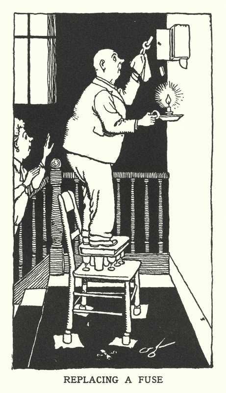 Substituição de um fusível (litho) de William Heath Robinson