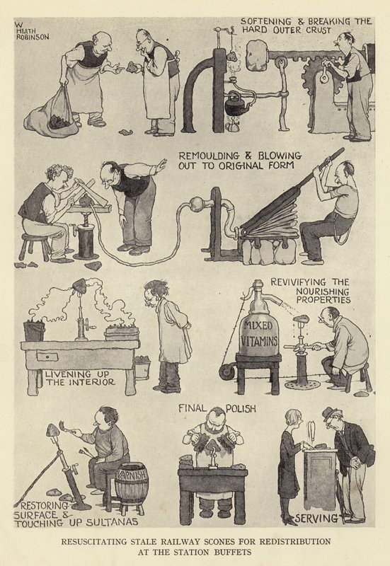 Ressuscitando scones ferroviários obsoletos para redistribuição nos buffets da estação de William Heath Robinson