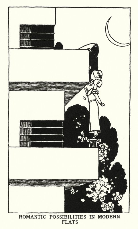 Possibilidades Românticas em Apartamentos Modernos (litho) de William Heath Robinson