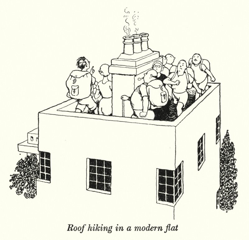 Caminhada no telhado de um apartamento moderno (litho) de William Heath Robinson