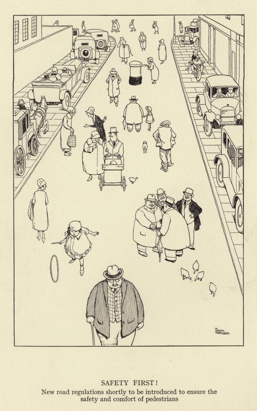 Segurança primeiro! Novos regulamentos rodoviários que em breve serão introduzidos para garantir a segurança e o conforto dos pedestres de William Heath Robinson