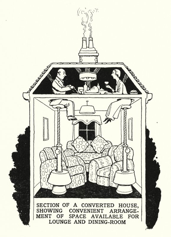 Secção de uma Casa Convertida, Mostrando Conveniente Arranjo de Espaço Disponível para Sala e Sala de Jantar (litho) de William Heath Robinson