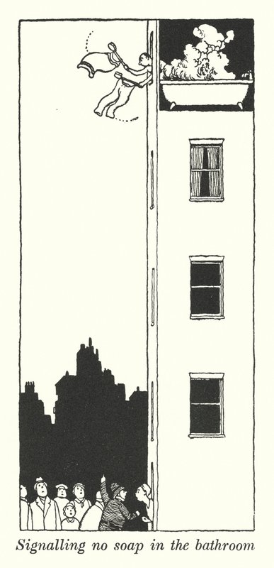 Não há sinal de sabão na casa de banho (litho) de William Heath Robinson
