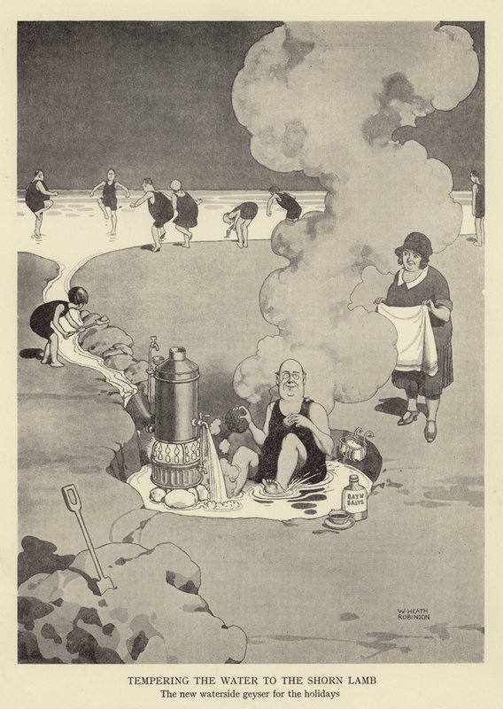 Temperando a água para o cordeiro tosado, o novo gêiser à beira d&39;água para as férias de William Heath Robinson