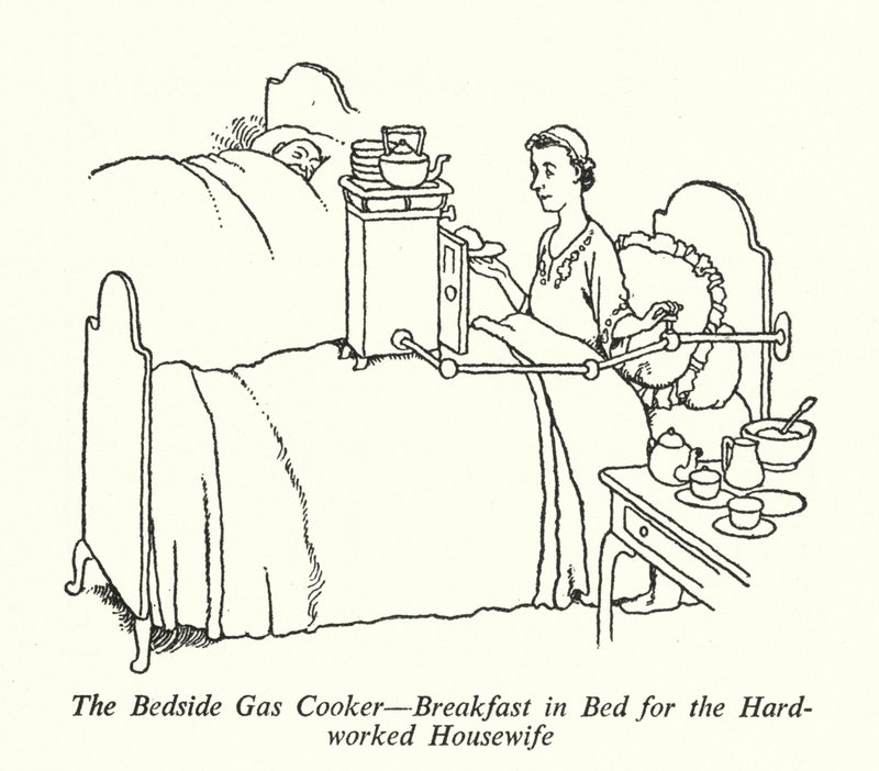 The Bedside Gas Cooker, Pequeno Almoço na Cama para a Dona de Casa Trabalhadora (litho) de William Heath Robinson
