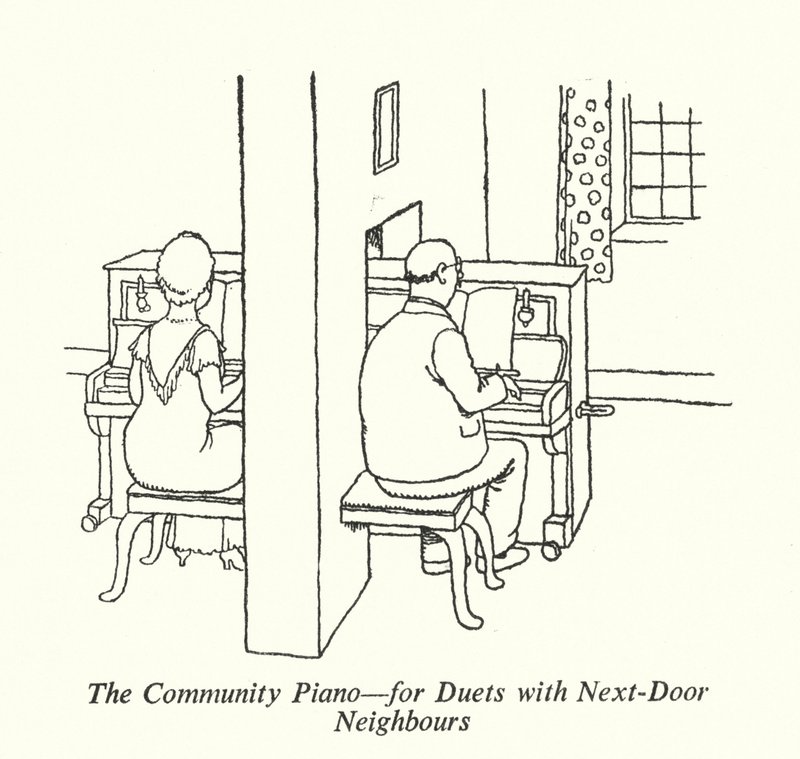 O Piano Comunitário, para Duetos com Próximos Vizinhos (litho) de William Heath Robinson