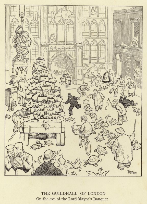 O Guildhall de Londres, na véspera do Banquete do Lorde Prefeito de William Heath Robinson
