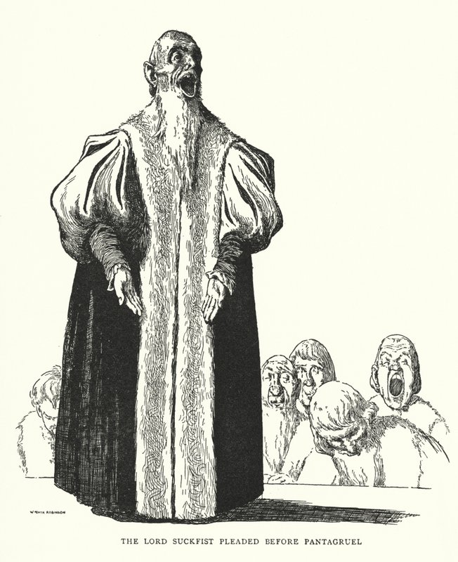 O Senhor Suckfist suplicou perante Pantagruel (litho) de William Heath Robinson