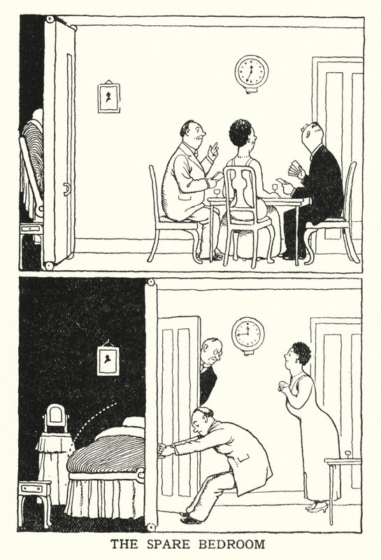 O quarto de hóspedes (litho) de William Heath Robinson