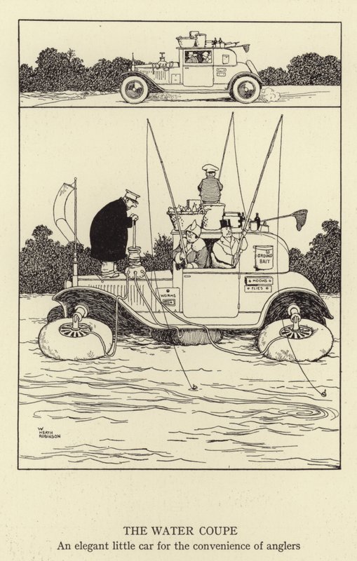 O Water Coupe, um pequeno carro elegante para a conveniência dos pescadores de William Heath Robinson