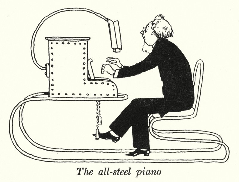 O piano todo em aço (litho) de William Heath Robinson