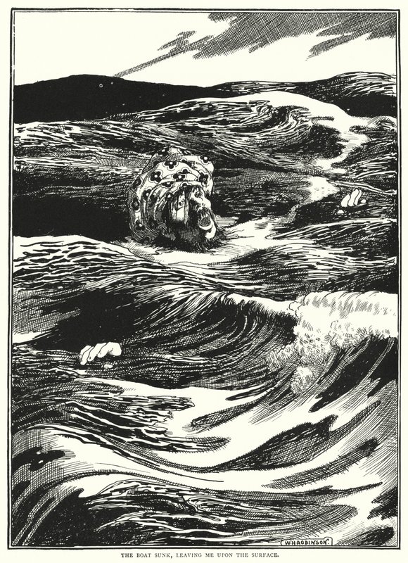 O barco afundou, deixando-me na superfície (gravura) de William Heath Robinson
