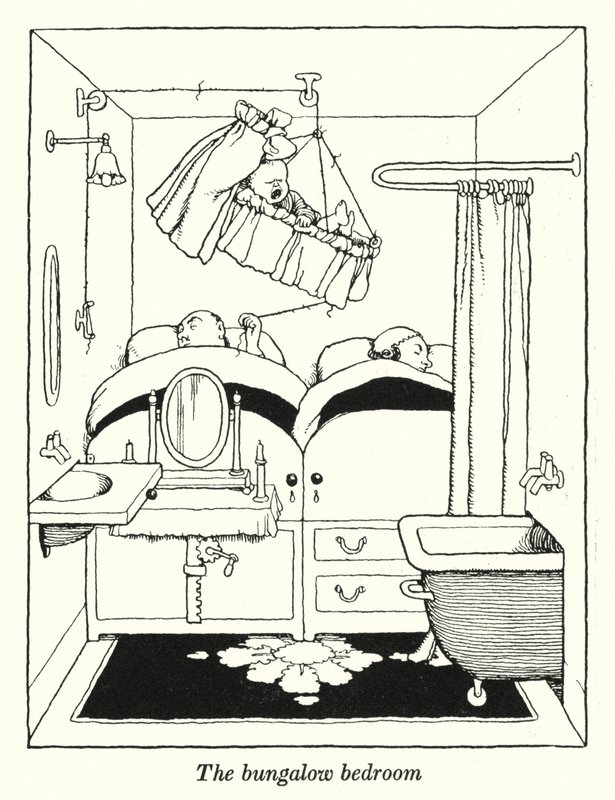 O quarto do bungalow (litho) de William Heath Robinson