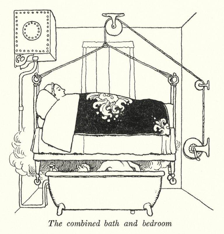 O banho e o quarto combinados (litho) de William Heath Robinson