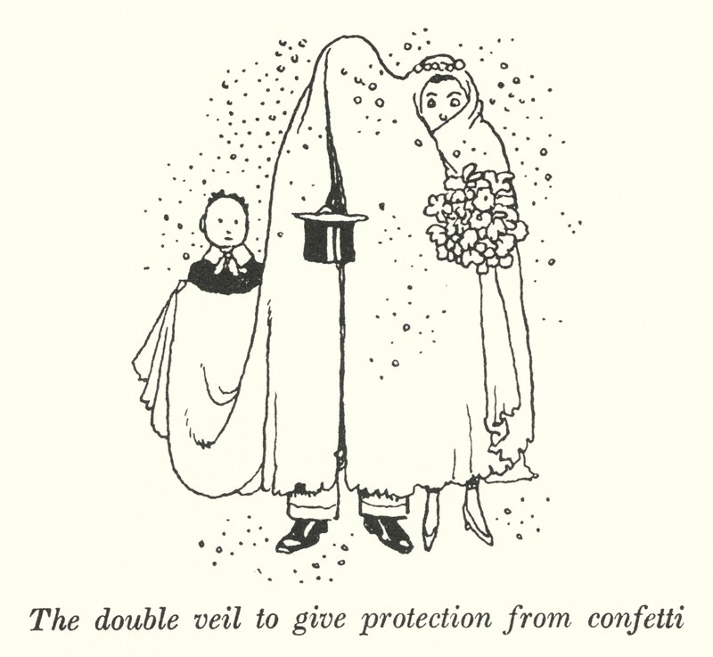 O véu duplo para dar proteção contra confettis (litho) de William Heath Robinson