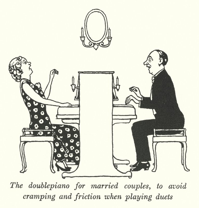O doublepiano para casais casados, para evitar cãibras e atritos ao jogar em duetos (litho) de William Heath Robinson